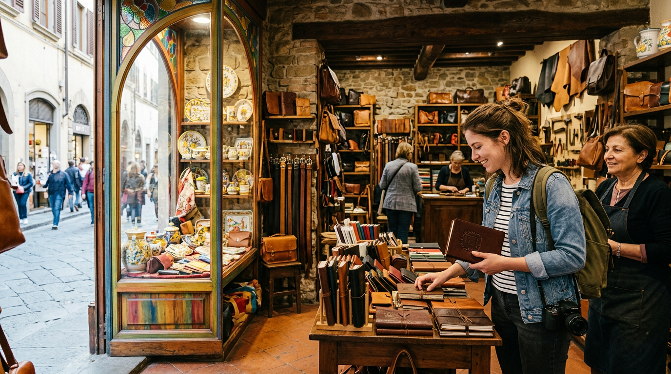 Artigianato toscano da acquistare a Firenze in bottega con cuoio e carta fiorentina