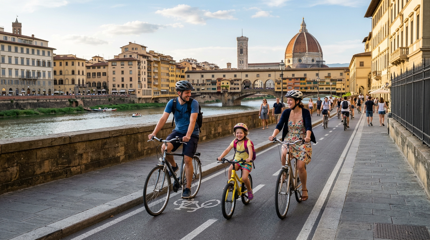Noleggio biciclette famiglie a Firenze lungo il Lungarno con bambini in sella