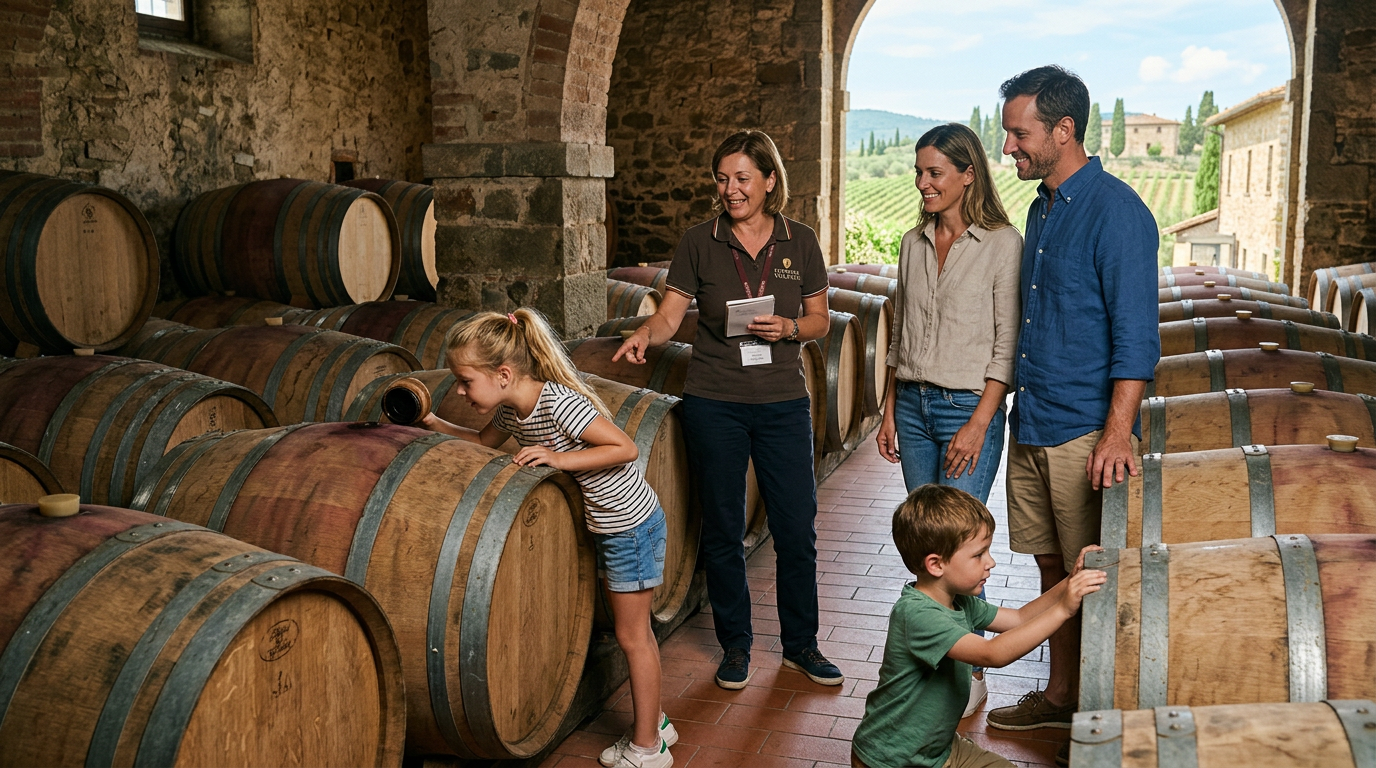 Cantina visita famiglie vicino Firenze con botti di vino e archi in pietra
