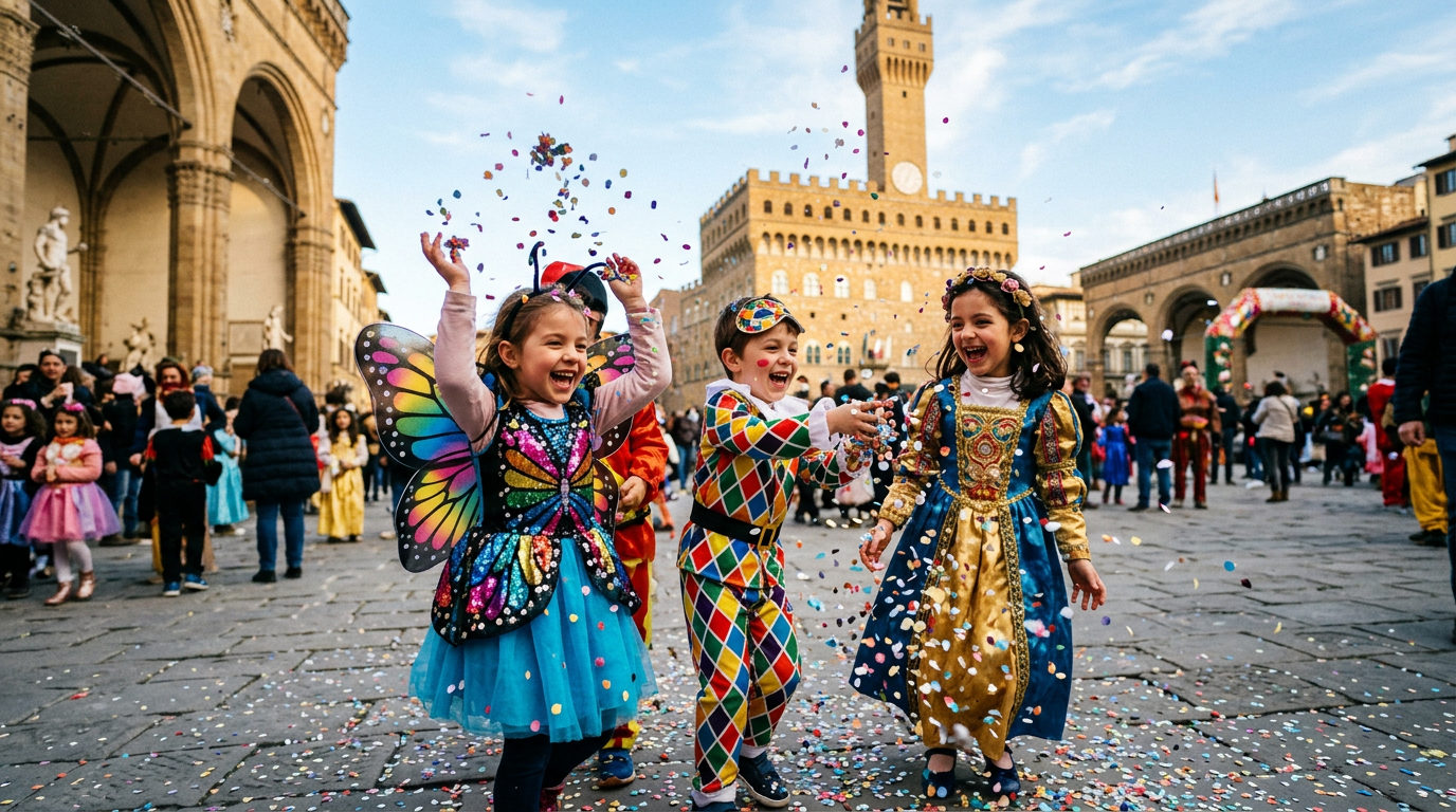 Carnevale bambini a Firenze con sfilata di maschere colorate e coriandoli in piazza
