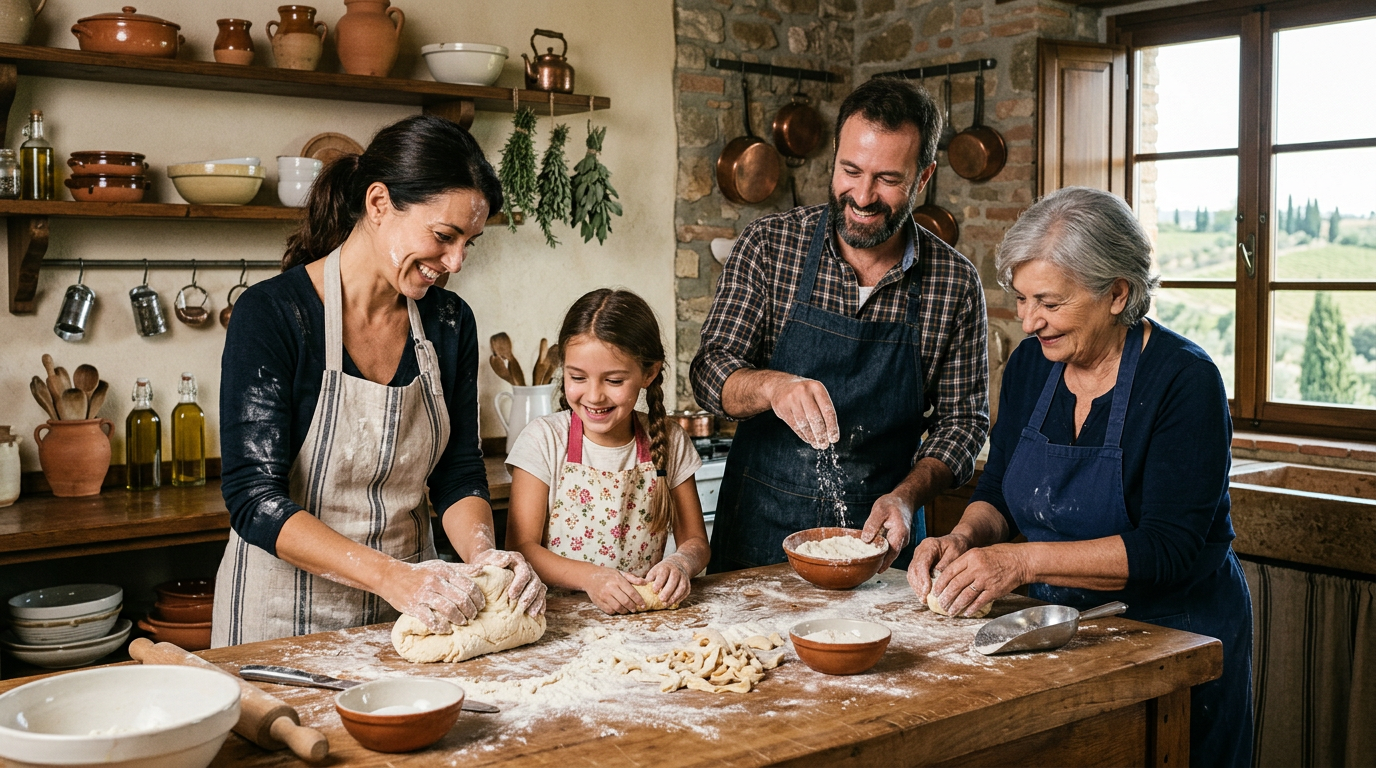 Cooking class famiglie a Firenze con bambini che imparano a fare la pasta