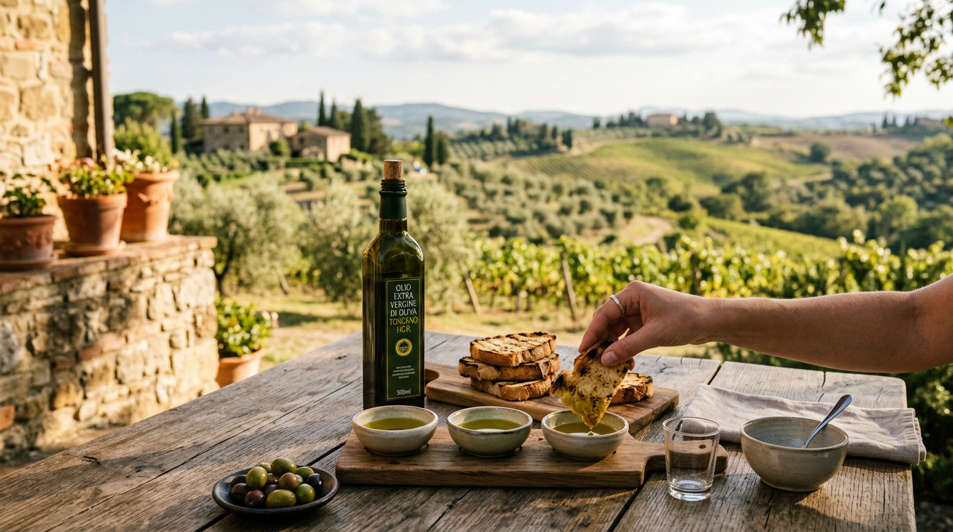 Degustazione olio oliva vicino Firenze con bottiglie toscane e pane casereccio