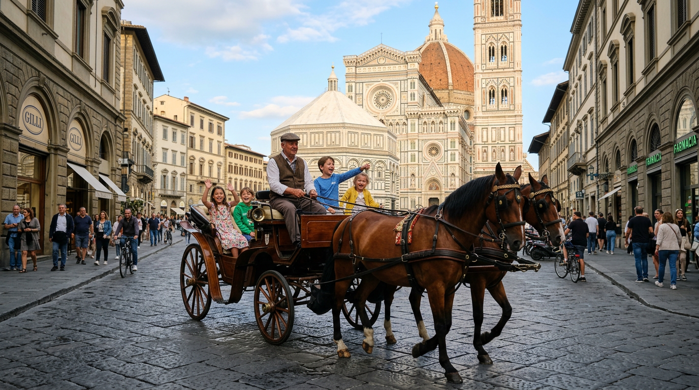 Giro in carrozza a Firenze con cavalli davanti a Palazzo Vecchio per famiglie