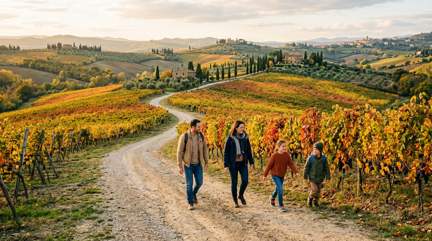 Gita Chianti famiglie da Firenze tra vigneti collinari cipressi e strade bianche