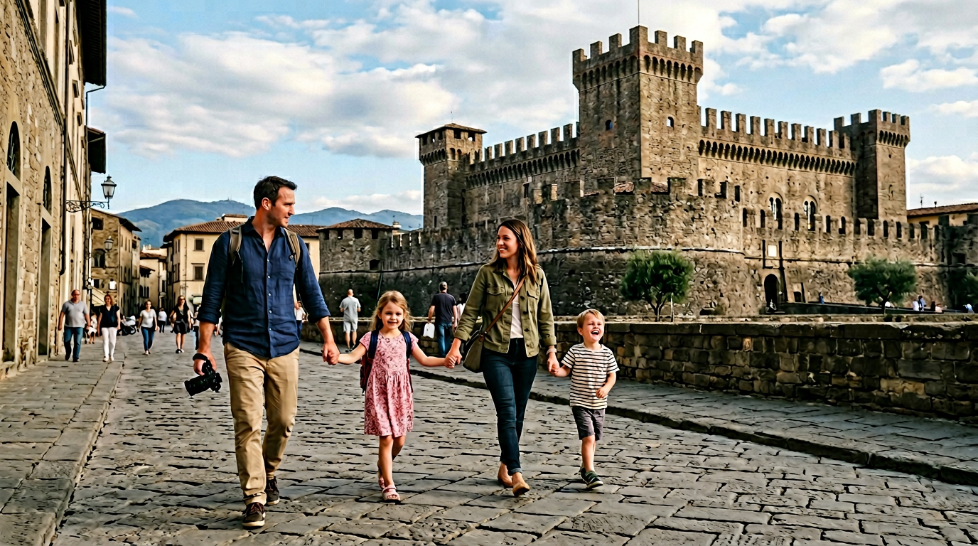 Bambini che salgono le torri del Castello dell'Imperatore in gita a Prato da Firenze