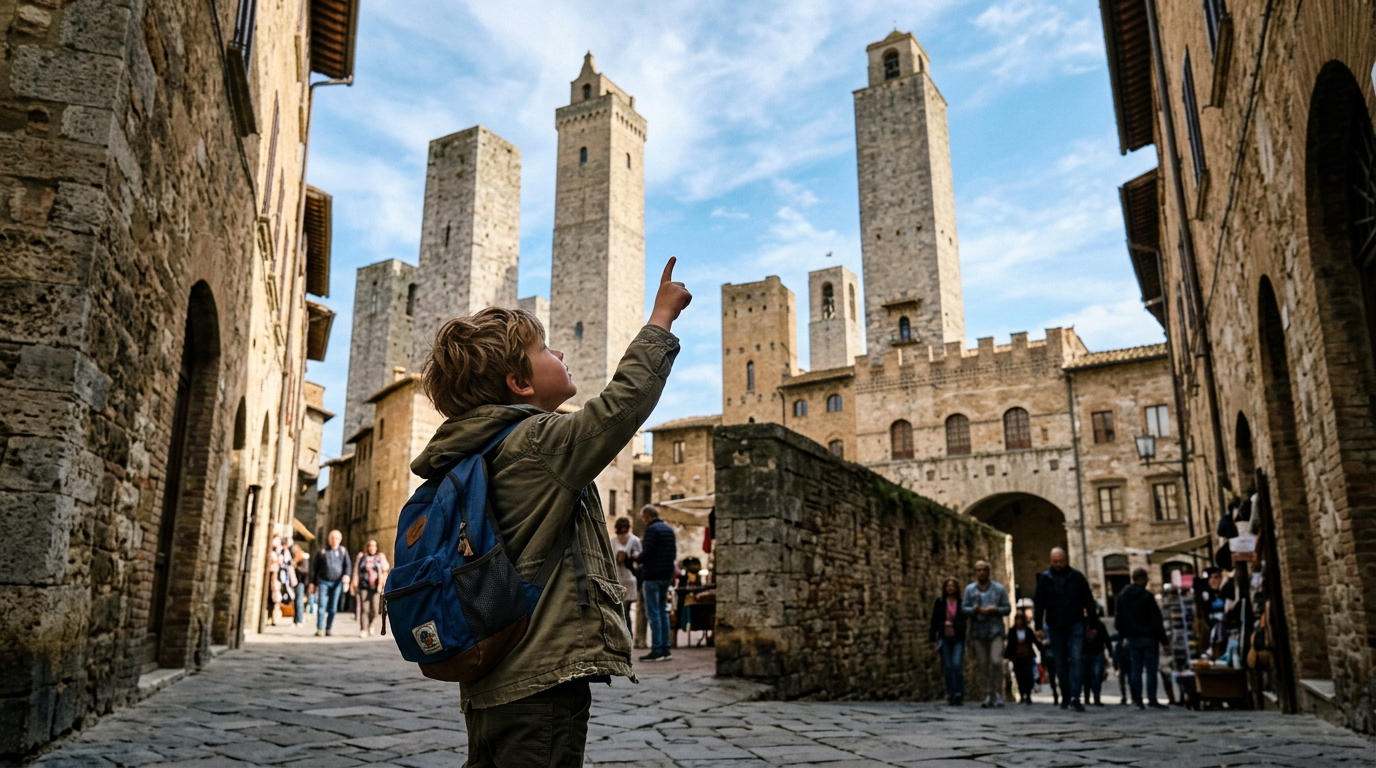 Famiglia con bambini davanti alle torri medievali di San Gimignano in gita da Firenze