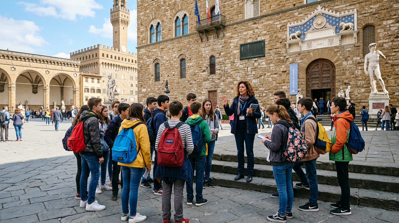 Classe scolastica con guida durante gita scolastica agli Uffizi di Firenze