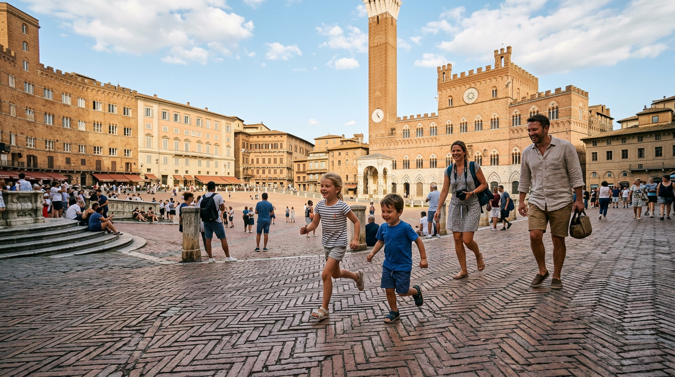 Bambini che corrono sulla Piazza del Campo di Siena in gita da Firenze