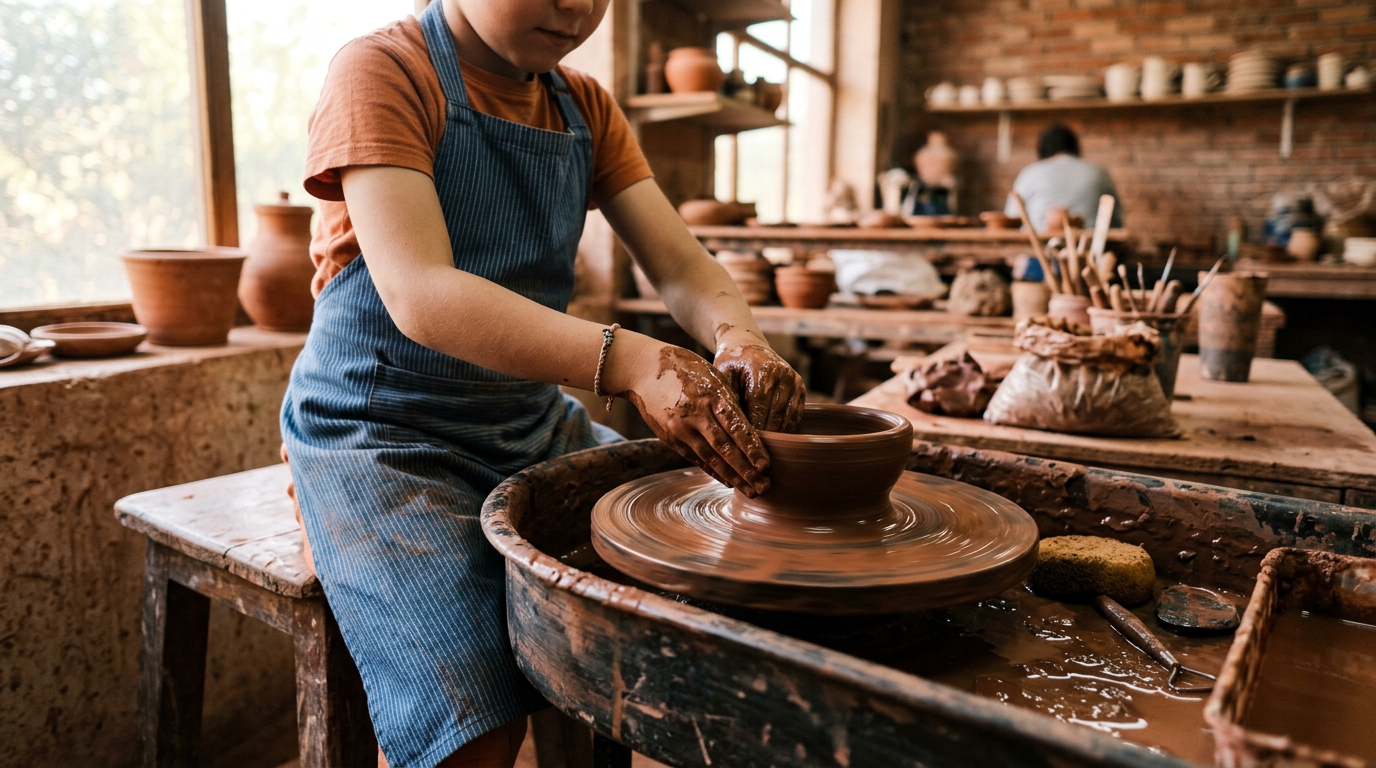 Bambini che modellano argilla in una bottega di laboratori ceramica a Firenze