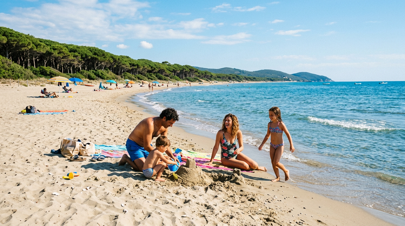 Famiglia con bambini sulla spiaggia sabbiosa della Maremma in gita da Firenze