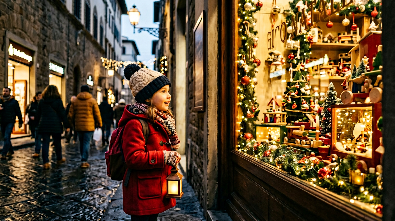 Bambini davanti alla giostra storica illuminata di Firenze a Natale in dicembre