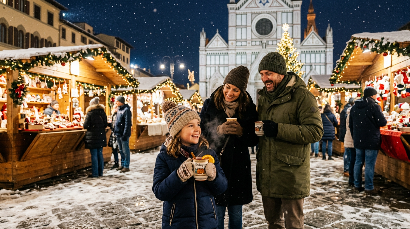 Famiglie con bambini tra le bancarelle del mercatino di Natale in Piazza Santa Croce Firenze