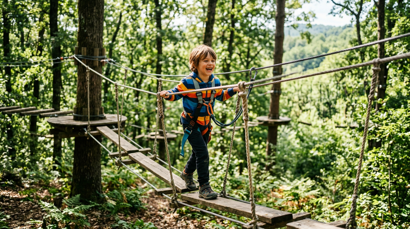 Bambino in imbracatura su ponte tibetano nel parco avventura nelle colline di Firenze
