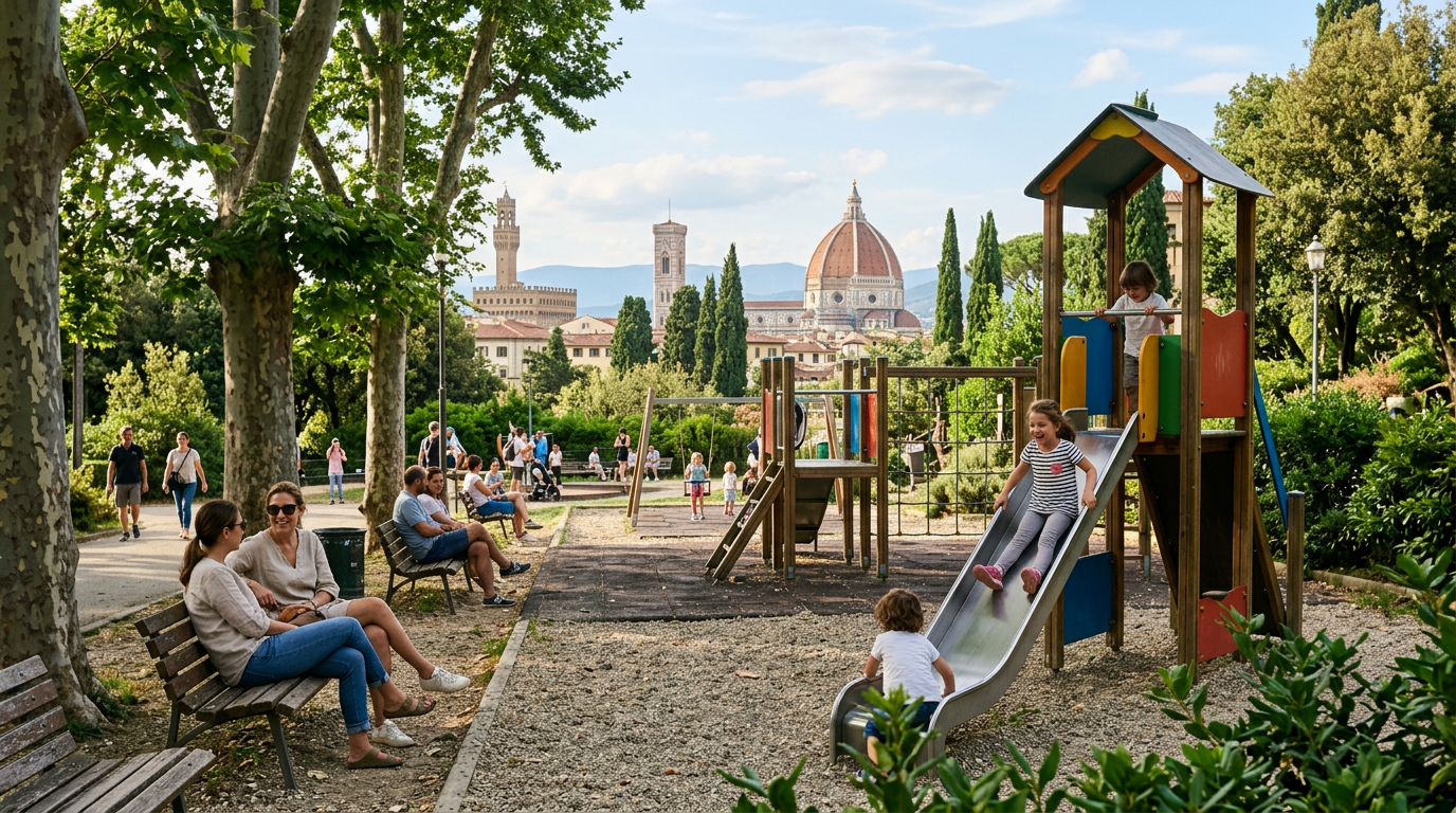 Bambini che si arrampicano sulle strutture in legno di un parco giochi a Firenze