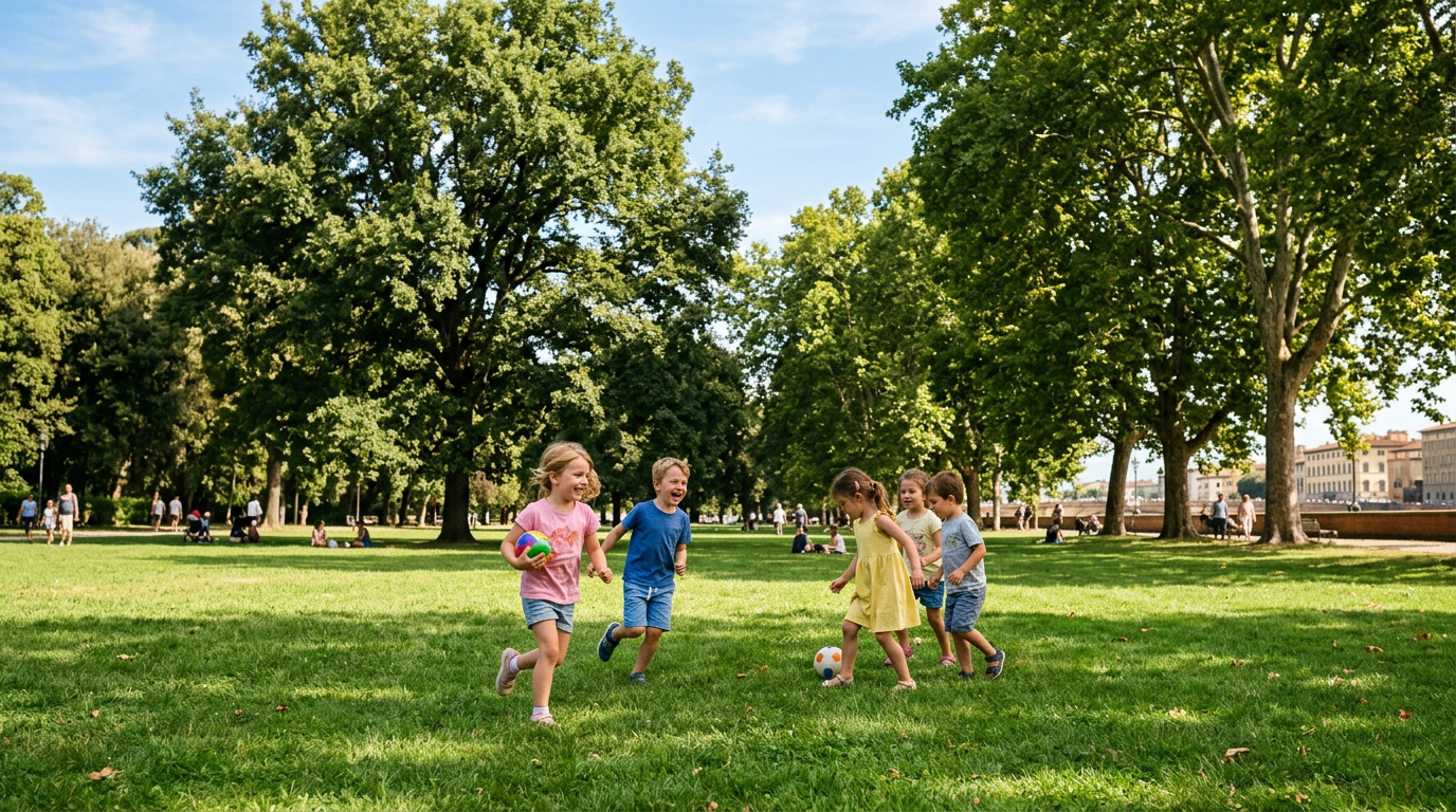 Bambini sull'area giochi rinnovata del Parco delle Cascine lungo l'Arno a Firenze