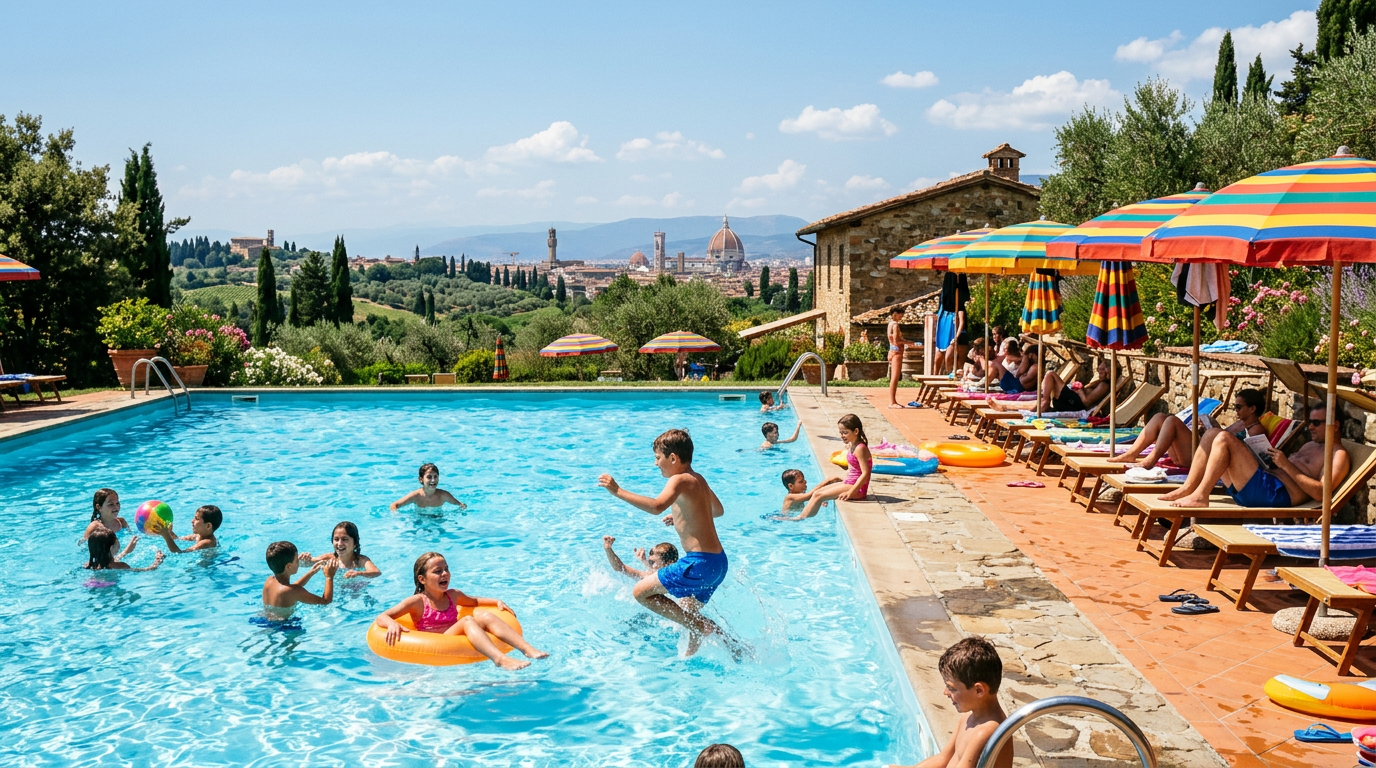 Bambini sugli scivoli dell'area bimbi nelle piscine estive di Firenze in luglio
