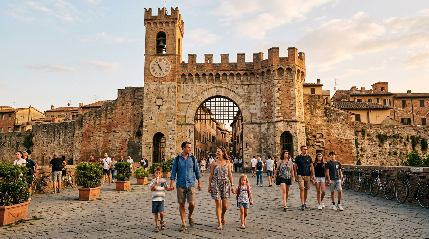 Famiglia con bambini sotto l'arco medievale di Porta Romana nell'Oltrarno di Firenze