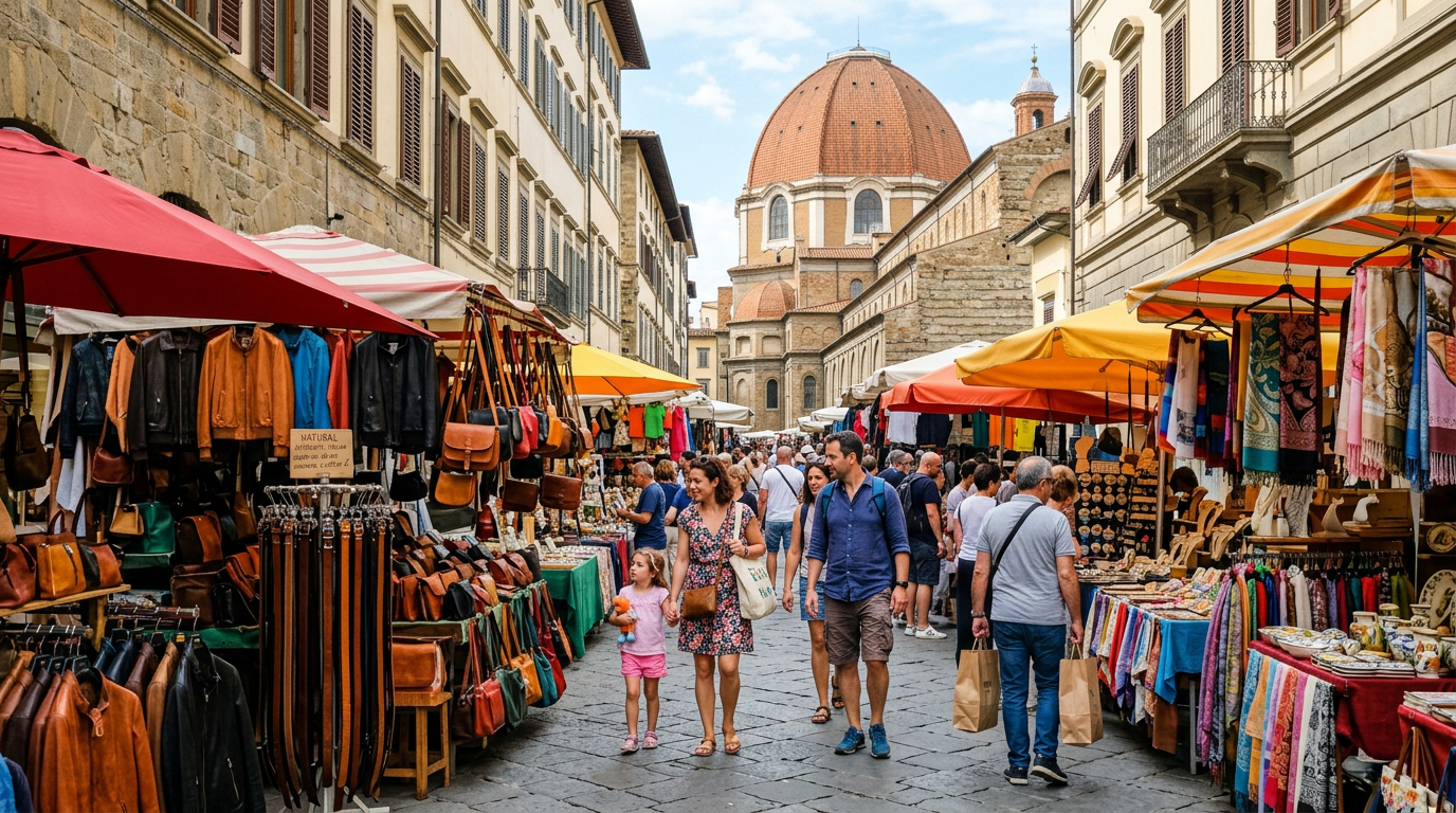 Famiglia con bambini tra i banchi del Mercato Centrale nel quartiere San Lorenzo di Firenze