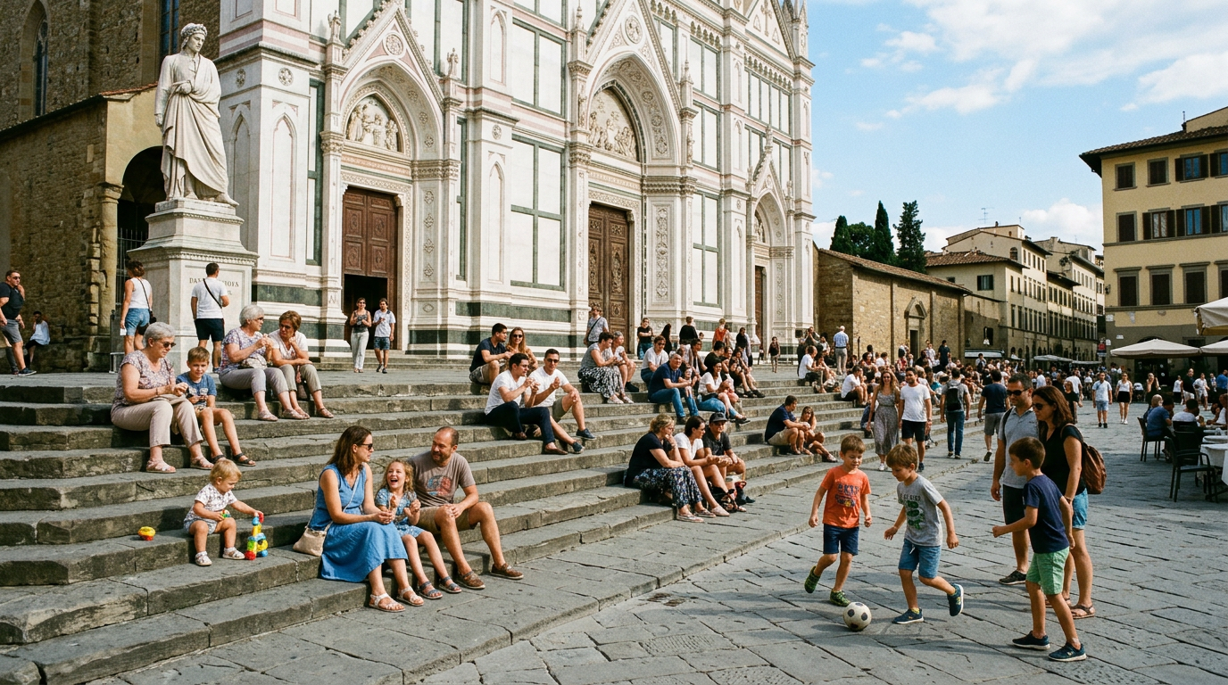 Bambini che giocano nella grande piazza davanti alla Basilica di Santa Croce a Firenze