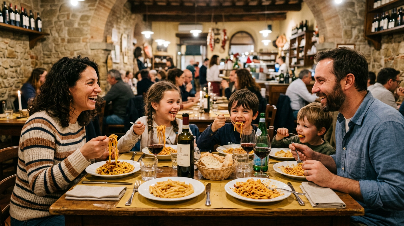 Famiglia con bambini a tavola in una trattoria ristoranti bambini friendly di Firenze