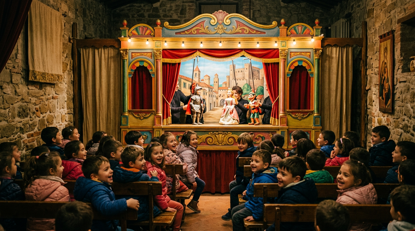 Bambini seduti in platea durante uno spettacolo di teatro dei bambini a Firenze