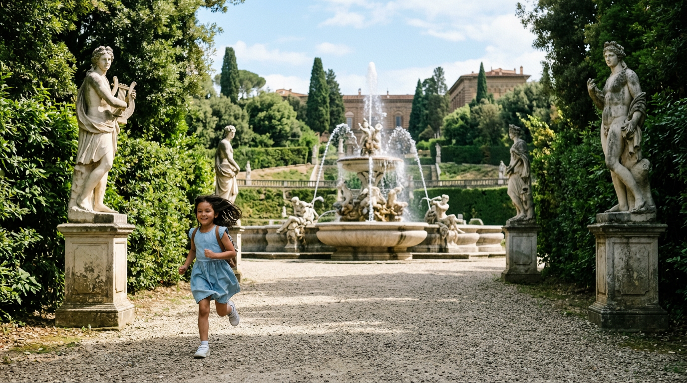 Bambini che esplorano fontane e viali terrazzati del Giardino di Boboli a Firenze